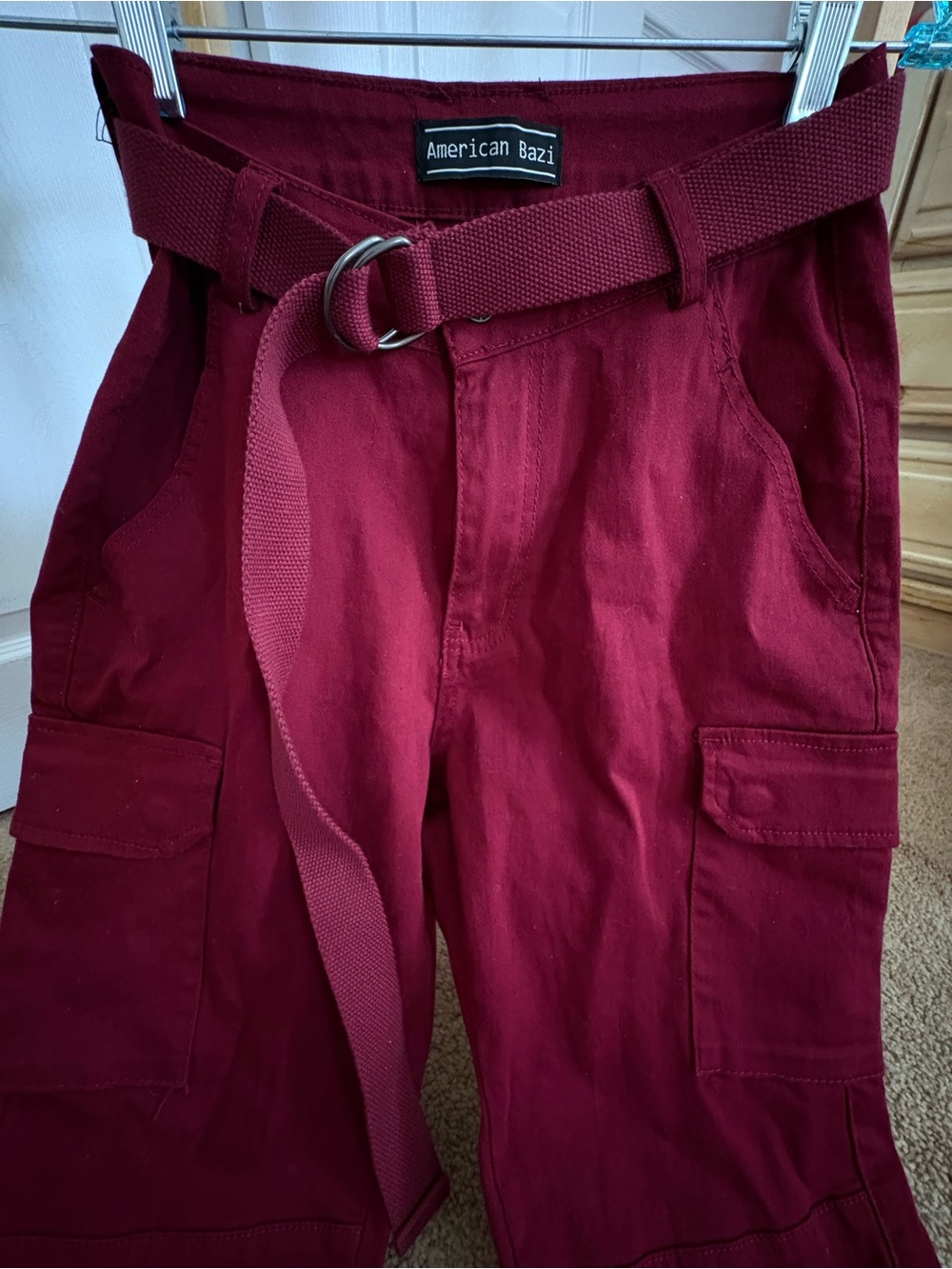 American Bazi burgundy Cargo Pants with Woven Belt.